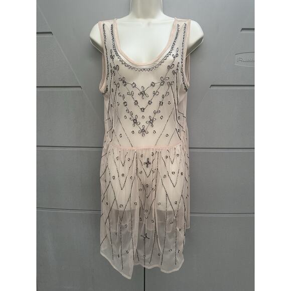 Forever 21 Y2K Beaded Mesh Dress Sz M Sheer Party Art Deco Fairy Grunge /no slip - Picture 2 of 11